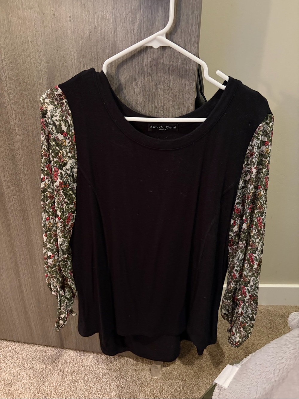 Kim & Cami Black Top with 3/4 Floral Tie Sleeves